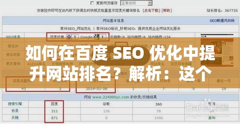 如何在百度 SEO 優(yōu)化中提升網(wǎng)站排名？解析：這個(gè)沒有出現(xiàn)與 SEO 相關(guān)的字眼，但包含了核心關(guān)鍵詞百度 SEO 優(yōu)化，同時(shí)通過(guò)提問(wèn)的形式吸引用戶，有利于提升網(wǎng)站的點(diǎn)擊率和排名